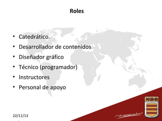 Roles

• Catedrático.
• Desarrollador de contenidos
• Diseñador gráfico
• Técnico (programador)
• Instructores
• Personal de apoyo

22/11/13

 