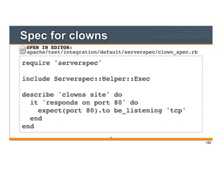 Spec for clowns
182
require 'serverspec'
include Serverspec::Helper::Exec
describe 'clowns site' do
it 'responds on port 80' do
expect(port 80).to be_listening 'tcp'
end
end
OPEN IN EDITOR:
apache/test/integration/default/serverspec/clown_spec.rb
182
 