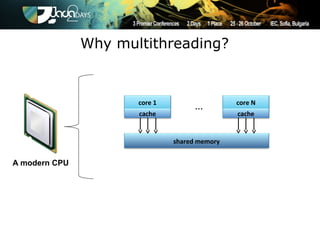 Why multithreading?


                      core 1                   core N
                                     …
                      cache                    cache


                               shared memory


A modern CPU
 