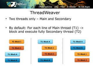 ThreadWeaver
• Two threads only – Main and Secondary

• By default: For each line of Main thread (T1) ->
  block and execute fully Secondary thread (T2)


     T2: Block 1       T1: Block A         T1: Block A


     T2: Block 2           T2: Block 1     T1: Block B


 T1: Block A               T2: Block 2          T2: Block 1


 T1: Block B           T1: Block B              T2: Block 2
 