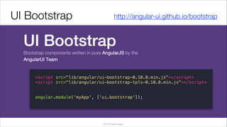 UI Bootstrap

http://angular-ui.github.io/bootstrap

<script src="lib/angular/ui-bootstrap-0.10.0.min.js"></script>
<script src="lib/angular/ui-bootstrap-tpls-0.10.0.min.js"></script>
angular.module('myApp', ['ui.bootstrap']);

© 2014 Raible Designs

 