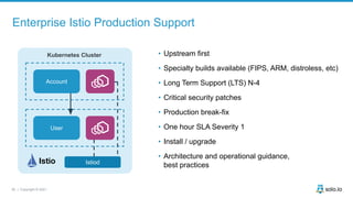 30 | Copyright © 2021
Enterprise Istio Production Support
• Upstream first
• Specialty builds available (FIPS, ARM, distroless, etc)
• Long Term Support (LTS) N-4
• Critical security patches
• Production break-fix
• One hour SLA Severity 1
• Install / upgrade
• Architecture and operational guidance,
best practices
Kubernetes Cluster
Istiod
Account
User
 