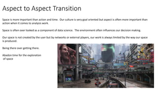 Aspect to Aspect Transition
Space is more important than action and time. Our culture is very goal oriented but aspect is often more important than
action when it comes to analysis work.
Space is often over looked as a component of data science. The environment often influences our decision making.
Our space is not created by the user but by networks or external players, our work is always limited by the way our space
is produced.
Being there over getting there.
Abadon time for the exploration
of space
 
