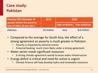 Case study:
Pakistan
9Climate and Development Knowledge Network | www.cdkn.org
Poverty SDG (Number of
people below the poverty
line of US$1.25 per day )
2015 2030
high-ambition low-ambition
Pakistan 25 million zero 8.6 million
• Compared to the average for South Asia, the effect of a
strong agreement on poverty is much greater in Pakistan:
• Poverty is impacted by extreme events
• Financial backing much more likely under a strong agreement
• Water sector needs significant resources
• A strong climate agreement would increase water infrastructure
• Energy deficit is critical and need for action is urgent
• Climate finance will help develop hydro and renewable resources
 