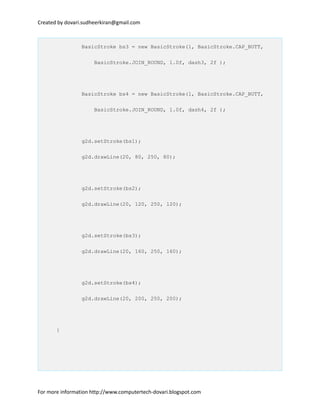 Created by dovari.sudheerkiran@gmail.com
BasicStroke bs3 = new BasicStroke(1, BasicStroke.CAP_BUTT,
BasicStroke.JOIN_ROUND, 1.0f, dash3, 2f );
BasicStroke bs4 = new BasicStroke(1, BasicStroke.CAP_BUTT,
BasicStroke.JOIN_ROUND, 1.0f, dash4, 2f );
g2d.setStroke(bs1);
g2d.drawLine(20, 80, 250, 80);
g2d.setStroke(bs2);
g2d.drawLine(20, 120, 250, 120);
g2d.setStroke(bs3);
g2d.drawLine(20, 160, 250, 160);
g2d.setStroke(bs4);
g2d.drawLine(20, 200, 250, 200);
}
For more information http://www.computertech-dovari.blogspot.com
 