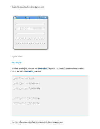 Created by dovari.sudheerkiran@gmail.com
Figure: Lines
Rectangles
To draw rectangles, we use the drawRect() method. To fill rectangles with the current
color, we use the fillRect()method.
import java.awt.Color;
import java.awt.Graphics;
import java.awt.Graphics2D;
import javax.swing.JFrame;
import javax.swing.JPanel;
For more information http://www.computertech-dovari.blogspot.com
 