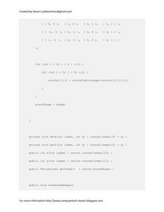 Created by dovari.sudheerkiran@gmail.com
{ { 0, 0 }, { 1, 0 }, { 0, 1 }, { 1, 1 } },
{ { -1, -1 }, { 0, -1 }, { 0, 0 }, { 0, 1 } },
{ { 1, -1 }, { 0, -1 }, { 0, 0 }, { 0, 1 } }
};
for (int i = 0; i < 4 ; i++) {
for (int j = 0; j < 2; ++j) {
coords[i][j] = coordsTable[shape.ordinal()][i][j];
}
}
pieceShape = shape;
}
private void setX(int index, int x) { coords[index][0] = x; }
private void setY(int index, int y) { coords[index][1] = y; }
public int x(int index) { return coords[index][0]; }
public int y(int index) { return coords[index][1]; }
public Tetrominoes getShape() { return pieceShape; }
public void setRandomShape()
For more information http://www.computertech-dovari.blogspot.com
 