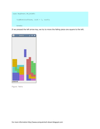 case KeyEvent.VK_RIGHT:
tryMove(curPiece, curX + 1, curY);
break;
If we pressed the left arrow key, we try to move the falling piece one square to the left.
Figure: Tetris
For more information http://www.computertech-dovari.blogspot.com
 