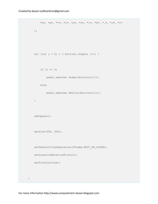 Created by dovari.sudheerkiran@gmail.com
"5", "6", "*", "1", "2", "3", "-", "0", ".", "=", "+"
};
for (int i = 0; i < buttons.length; i++) {
if (i == 2)
panel.add(new JLabel(buttons[i]));
else
panel.add(new JButton(buttons[i]));
}
add(panel);
setSize(350, 300);
setDefaultCloseOperation(JFrame.EXIT_ON_CLOSE);
setLocationRelativeTo(null);
setVisible(true);
}
For more information http://www.computertech-dovari.blogspot.com
 