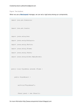 Created by dovari.sudheerkiran@gmail.com
Figure: Two buttons
When we use a BoxLayout manager, we can set a rigid area among our components.
import java.awt.Dimension;
import java.awt.Insets;
import javax.swing.Box;
import javax.swing.BoxLayout;
import javax.swing.JButton;
import javax.swing.JFrame;
import javax.swing.JPanel;
import javax.swing.border.EmptyBorder;
public class RigidArea extends JFrame {
public RigidArea() {
setTitle("RigidArea");
JPanel panel = new JPanel();
For more information http://www.computertech-dovari.blogspot.com
 