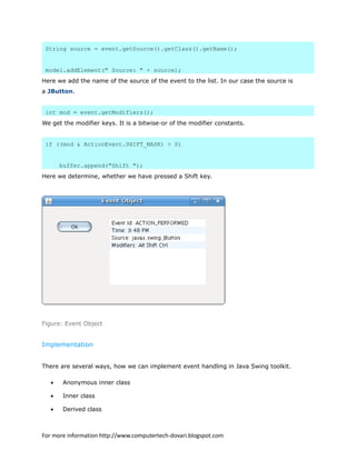 String source = event.getSource().getClass().getName();
model.addElement(" Source: " + source);
Here we add the name of the source of the event to the list. In our case the source is
a JButton.
int mod = event.getModifiers();
We get the modifier keys. It is a bitwise-or of the modifier constants.
if ((mod & ActionEvent.SHIFT_MASK) > 0)
buffer.append("Shift ");
Here we determine, whether we have pressed a Shift key.
Figure: Event Object
Implementation
There are several ways, how we can implement event handling in Java Swing toolkit.
• Anonymous inner class
• Inner class
• Derived class
For more information http://www.computertech-dovari.blogspot.com
 