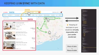KEEPING UI IN SYNC WITH DATA
☝ Keeping UI
and data in sync
would be virtually
impossible with
just vanilla
JavaScript
DATA
DATA
DATA
DATA
??
Piece of data
=
Piece of state
 
