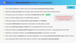 👨💼 PROJECT REQUIREMENTS FROM THE BUSINESS
👉 Very simple application, where users can order one or more pizzas from a menu
👉 Requires no user accounts and no login: users just input their names before using the app
👉 The pizza menu can change, so it should be loaded from an API
👉 Users can add multiple pizzas to a cart before ordering
👉 Ordering requires just the user’s name, phone number, and address
👉 If possible, GPS location should also be provided, to make delivery easier
👉 User’s can mark their order as “priority” for an additional 20% of the cart price
👉 Orders are made by sending a POST request with the order data (user data + selected pizzas) to the API
👉 Payments are made on delivery, so no payment processing is necessary in the app
👉 Each order will get a unique ID that should be displayed, so the user can later look up their order based on the ID
👉 Users should be able to mark their order as “priority” order even after it has been placed
From these requirements, we
can understand the features
we need to implement
STEP 1
✅ DONE
 