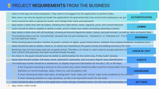 👨💼 PROJECT REQUIREMENTS FROM THE BUSINESS
👉 Users of the app are hotel employees. They need to be logged into the application to perform tasks
👉 New users can only be signed up inside the applications (to guarantee that only actual hotel employees can get accounts)
👉 Users should be able to upload an avatar, and change their name and password
👉 App needs a table view with all cabins, showing the cabin photo, name, capacity, price, and current discount
👉 Users should be able to update or delete a cabin, and to create new cabins (including uploading a photo)
👉 App needs a table view with all bookings, showing arrival and departure dates, status, and paid amount, as well as cabin and guest data
👉 The booking status can be “unconfirmed” (booked but not yet checked in), “checked in”, or “checked out”. The table should be filterable
by this important status
👉 Other booking data includes: number of guests, number of nights, guest observations, whether they booked breakfast, breakfast price
👉 Users should be able to delete, check in, or check out a booking as the guest arrives (no editing necessary for now)
👉 Bookings may not have been paid yet on guest arrival. Therefore, on check in, users need to accept payment (outside the app), and
then confirm that payment has been received (inside the app)
👉 On check in, the guest should have the ability to add breakfast for the entire stay, if they hadn’t already
👉 Guest data should contain: full name, email, national ID, nationality, and a country flag for easy identification
👉 The initial app screen should be a dashboard, to display important information for the last 7, 30, or 90 days:
👉 A list of guests checking in and out on the current day. Users should be able to perform these tasks from here
👉 Statistics on recent bookings, sales, check ins, and occupancy rate
👉 A chart showing all daily hotel sales, showing both “total” sales and “extras” sales (only breakfast at the moment)
👉 A chart showing statistics on stay durations, as this is an important metric for the hotel
👉 Users should be able to define a few application-wide settings: breakfast price, min and max nights/booking, max guests/booking
👉 App needs a dark mode
STEP 1
SETTINGS
DASHBOARD
AUTHENTICATION
GUESTS
CHECK IN / OUT
BOOKINGS
CABINS
 