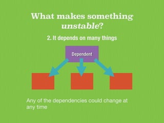 Dependent
What makes something
unstable?
2. It depends on many things
Any of the dependencies could change at
any time
 