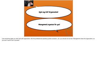 Agile says Self-Organization!
Management organizes for you!
Like everything agile you start with self organization. But the professional operating system answers: „Uh, you should not do that. Management does the organization, so
you don’t have to do it yourself.“
 
