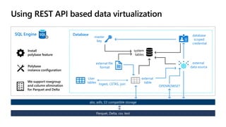 Using REST API based data virtualization
SQL Engine Database
system
tables
User
tables
master
key
database
scoped
credential
external file
format
external
data source
external
table
OPENROWSET
Ingest, CETAS, join
Install
polybase feature
Polybase
instance configuration
We support rowgroup
and column elimination
for Parquet and Delta
 