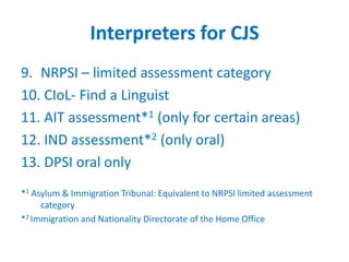 Interpreters for CJS
9. NRPSI – limited assessment category
10. CIoL- Find a Linguist
11. AIT assessment*1 (only for certain areas)
12. IND assessment*2 (only oral)
13. DPSI oral only
*1 Asylum & Immigration Tribunal: Equivalent to NRPSI limited assessment
category
*2 Immigration and Nationality Directorate of the Home Office
 