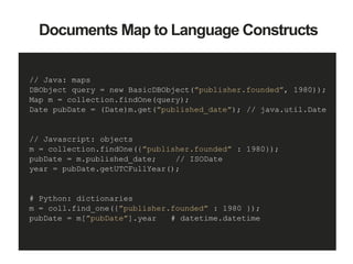 // Java: maps
DBObject query = new BasicDBObject(”publisher.founded”, 1980));
Map m = collection.findOne(query);
Date pubDate = (Date)m.get(”published_date”); // java.util.Date
// Javascript: objects
m = collection.findOne({”publisher.founded” : 1980});
pubDate = m.published_date; // ISODate
year = pubDate.getUTCFullYear();
# Python: dictionaries
m = coll.find_one({”publisher.founded” : 1980 });
pubDate = m[”pubDate”].year # datetime.datetime
Documents Map to Language Constructs
 