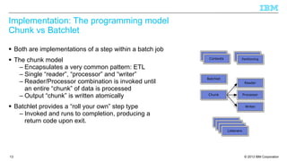 Implementation: The programming model
Chunk vs Batchlet
§ Both are implementations of a step within a batch job
§ The chunk model
– Encapsulates a very common pattern: ETL
– Single “reader”, “processor” and “writer”
– Reader/Processor combination is invoked until
an entire “chunk” of data is processed
– Output “chunk” is written atomically
§ Batchlet provides a “roll your own” step type
– Invoked and runs to completion, producing a
return code upon exit.

13

Listeners
Contexts

Listeners

Partitioning

Batchlet
Reader
Processor

Chunk

Writer

Chunk
Chunk
Chunk
Listeners

© 2013 IBM Corporation

 