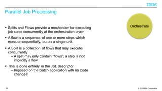 Parallel Job Processing
§ Splits and Flows provide a mechanism for executing
job steps concurrently at the orchestration layer

Orchestrate

§ A flow is a sequence of one or more steps which
execute sequentially, but as a single unit.
§ A Split is a collection of flows that may execute
concurrently
– A split may only contain “flows”; a step is not
implicitly a flow
§ This is done entirely in the JSL descriptor
– Imposed on the batch application with no code
changes!

29

© 2013 IBM Corporation

 
