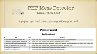 PHP Mess Detector
https://phpmd.org
$ phpmd app html cleancode --reportﬁle report.html
 