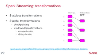 Spark Streaming: transformations
• Stateless transformations
• Stateful transformations
– checkpointing
– windowed transformations
• window duration
• sliding duration
spark.apache.org/docs/latest/streaming-programming-guide.html#transformations-on-dstreams
 