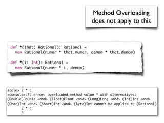 Method Overloading
                                         does not apply to this


 def *(that: Rational): Rational =
   new Rational(numer * that.numer, denom * that.denom)

 def *(i: Int): Rational =
   new Rational(numer * i, denom)




scala> 2 * c
<console>:7: error: overloaded method value * with alternatives:
(Double)Double <and> (Float)Float <and> (Long)Long <and> (Int)Int <and>
(Char)Int <and> (Short)Int <and> (Byte)Int cannot be applied to (Rational)
       2 * c
       ^
 