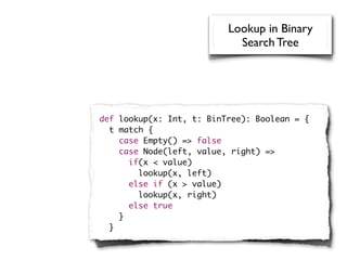 Lookup in Binary
                            Search Tree




def lookup(x: Int, t: BinTree): Boolean = {
  t match {
    case Empty() => false
    case Node(left, value, right) =>
      if(x < value)
        lookup(x, left)
      else if (x > value)
        lookup(x, right)
      else true
    }
  }
 