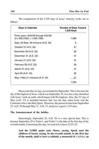 348 Time Has An End
The computation of the 1,335 days of Jesus’ ministry works out as
follows:
Days in Calendar Number of Days Toward
1,335 Days
Three years: 9/25/29 through 9/24/32
(3 x 365.2422) = 1,095.7266 1,096
Sept. 25-Sept. 30 inclusive (A.D. 32) 6
October 31 (A.D. 32) 31
November 30 (A.D. 32) 30
December 31 (A.D. 32) 31
January 31 (A.D. 33) 31
February 28 (A.D. 33) 28
March 31 (A.D. 33) 31
April 30 (A.D. 33) 30
May 1-May 21 inclusive (A.D. 33) 21
1,335
Please note that six days are included for September. This is because the
day of the baptism of Jesus, which was September 25, was also a day identified
with Jesus’ work on earth, which began with His baptism. Also, the 21st
day of
May (A.D. 33) is included because that was the date when Jesus sent the
Comforter who is the Holy Spirit. Therefore, the period of time from September
25, A.D. 29 through May 21, A.D. 33, inclusive, equals 1,335 days.
The Announcement of the Jubilee
Interestingly, September 25, A.D. 29, is a very special date. This is
because September 25 is Tishri 1, and Tishri 1 is the date of the first day of the
seventh month. Concerning this day, we read in Leviticus 23:23-25:
And the LORD spake unto Moses, saying, Speak unto the
children of Israel, saying, In the seventh month, in the first day
of the month, shall ye have a sabbath, a memorial of a Jubilee, an
 
