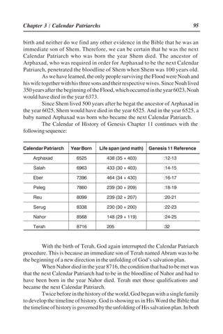 95Chapter 3 / Calendar Patriarchs
birth and neither do we find any other evidence in the Bible that he was an
immediate son of Shem. Therefore, we can be certain that he was the next
Calendar Patriarch who was born the year Shem died. The ancestor of
Arphaxad, who was required in order for Arphaxad to be the next Calendar
Patriarch, penetrated the bloodline of Shem when Shem was 100 years old.
Aswehavelearned,theonlypeoplesurvivingtheFloodwereNoahand
hiswifetogetherwithhisthreesonsandtheirrespectivewives.SinceNoahlived
350yearsafterthebeginningoftheFlood,whichoccurredintheyear6023,Noah
would have died in the year 6373.
Since Shem lived 500 years after he begat the ancestor of Arphaxad in
the year 6025, Shem would have died in the year 6525. And in the year 6525, a
baby named Arphaxad was born who became the next Calendar Patriarch.
The Calendar of History of Genesis Chapter 11 continues with the
followingsequence:
Calendar Patriarch YearBorn Life span (and math) Genesis 11 Reference
Arphaxad 6525 438 (35 + 403) :12-13
Salah 6963 433 (30 + 403) :14-15
Eber 7396 464 (34 + 430) :16-17
Peleg 7860 239 (30 + 209) :18-19
Reu 8099 239 (32 + 207) :20-21
Serug 8338 230 (30 + 200) :22-23
Nahor 8568 148 (29 + 119) :24-25
Terah 8716 205 :32
With the birth of Terah, God again interrupted the Calendar Patriarch
procedure. This is because an immediate son of Terah named Abram was to be
the beginning of a new direction in the unfolding of God’’s salvation plan.
When Nahor died in the year 8716, the condition that had to be met was
that the next Calendar Patriarch had to be in the bloodline of Nahor and had to
have been born in the year Nahor died. Terah met those qualifications and
became the next Calendar Patriarch.
Twicebeforeinthehistoryoftheworld,Godbeganwithasinglefamily
to develop the timeline of history. God is showing us in His Word the Bible that
thetimelineofhistoryisgovernedbytheunfoldingofHissalvationplan.Inboth
 
