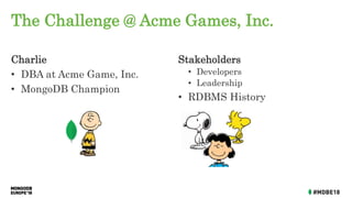 The Challenge @ Acme Games, Inc.
Charlie
• DBA at Acme Game, Inc.
• MongoDB Champion
Stakeholders
• Developers
• Leadership
• RDBMS History
 