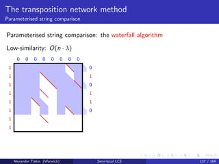 The transposition network method
Parameterised string comparison
Parameterised string comparison: the waterfall algorithm
Low-similarity: O(n · λ)
0 0 0 0 0 0 0 0
1
1
1
1
1
1
1
1
0 0 1 1 0 0 1 0
0
1
0
1
1
0
1
1
Alexander Tiskin (Warwick) Semi-local LCS 137 / 164
 