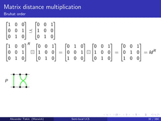 Matrix distance multiplication
Bruhat order


1 0 0
0 0 1
0 1 0




0 0 1
1 0 0
0 1 0




1 0 0
0 0 1
0 1 0


R 

0 0 1
1 0 0
0 1 0

 =


0 1 0
0 0 1
1 0 0




0 0 1
1 0 0
0 1 0

 =


0 0 1
0 1 0
1 0 0

 = IdR
P
Alexander Tiskin (Warwick) Semi-local LCS 32 / 164
 