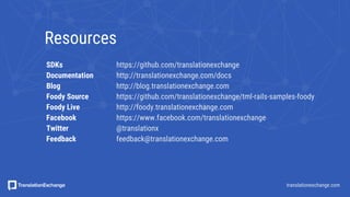 SDKs https://github.com/translationexchange
Documentation http://translationexchange.com/docs
Blog http://blog.translationexchange.com
Foody Source https://github.com/translationexchange/tml-rails-samples-foody
Foody Live http://foody.translationexchange.com
Facebook https://www.facebook.com/translationexchange
Twitter @translationx
Feedback feedback@translationexchange.com
translationexchange.com
Resources
 