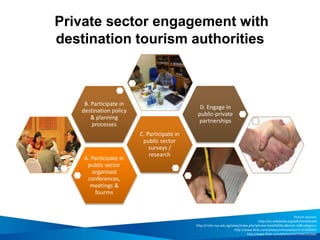 Private sector engagement with
destination tourism authorities
A. Participate in
public sector
organised
conferences,
meetings &
fourms
C. Participate in
public sector
surveys /
research
B. Participate in
destination policy
& planning
processes
D. Engage in
public-private
partnerships
Picture sources:
http://en.wikipedia.org/wiki/Handshake
http://rmbr.nus.edu.sg/news/index.php?phrase=heok%20hui&start=10&category=
http://www.flickr.com/photos/mhcseattle/1111568504/
http://www.flickr.com/photos/ilri/7549725204/
 