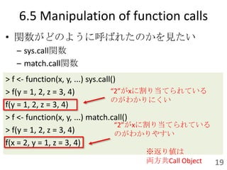 6.5 Manipulation of function calls
• 関数がどのように呼ばれたのかを見たい
  – sys.call関数
  – match.call関数
> f <- function(x, y, ...) sys.call()
> f(y = 1, 2, z = 3, 4)            “2”がxに割り当てられている
                                   のがわかりにくい
f(y = 1, 2, z = 3, 4)
> f <- function(x, y, ...) match.call()
                                    “2”がxに割り当てられている
> f(y = 1, 2, z = 3, 4)             のがわかりやすい
f(x = 2, y = 1, z = 3, 4)
                                  ※返り値は
                                  両方共Call Object      19
 