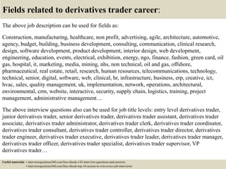 Fields related to derivatives trader career:
The above job description can be used for fields as:
Construction, manufacturing, healthcare, non profit, advertising, agile, architecture, automotive,
agency, budget, building, business development, consulting, communication, clinical research,
design, software development, product development, interior design, web development,
engineering, education, events, electrical, exhibition, energy, ngo, finance, fashion, green card, oil
gas, hospital, it, marketing, media, mining, nhs, non technical, oil and gas, offshore,
pharmaceutical, real estate, retail, research, human resources, telecommunications, technology,
technical, senior, digital, software, web, clinical, hr, infrastructure, business, erp, creative, ict,
hvac, sales, quality management, uk, implementation, network, operations, architectural,
environmental, crm, website, interactive, security, supply chain, logistics, training, project
management, administrative management…
The above interview questions also can be used for job title levels: entry level derivatives trader,
junior derivatives trader, senior derivatives trader, derivatives trader assistant, derivatives trader
associate, derivatives trader administrator, derivatives trader clerk, derivatives trader coordinator,
derivatives trader consultant, derivatives trader controller, derivatives trader director, derivatives
trader engineer, derivatives trader executive, derivatives trader leader, derivatives trader manager,
derivatives trader officer, derivatives trader specialist, derivatives trader supervisor, VP
derivatives trader…
Useful materials: • interviewquestions360.com/free-ebook-145-interview-questions-and-answers
• interviewquestions360.com/free-ebook-top-18-secrets-to-win-every-job-interviews
 