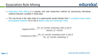 Slide 26 www.edureka.co/data-science
Association Rule Mining
 Association Rule Mining is a popular and well researched method for discovering interesting
relations between variables in large data.
 The rule found in the sales data of a supermarket would indicate that if a customer buys onions
and potatoes together, he or she is likely to also buy hamburger meat.
 