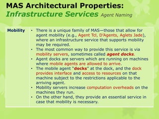MAS Architectural Properties:
Infrastructure Services Agent Naming
Mobility • There is a unique family of MAS—those that allow for
agent mobility (e.g., Agent Tcl, D’Agents, Aglets Jade),
where an infrastructure service that supports mobility
may be required.
• The most common way to provide this service is via
mobility servers, sometimes called agent docks.
• Agent docks are servers which are running on machines
where mobile agents are allowed to arrive.
• The mobile agent “docks” at the dock, and the dock
provides interface and access to resources on that
machine subject to the restrictions applicable to the
arriving agent.
• Mobility servers increase computation overheads on the
machines they run.
• On the other hand, they provide an essential service in
case that mobility is necessary.
 