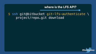 @kannonboy
$ ssh git@bitbucket git-lfs-authenticate 
project/repo.git download
where is the LFS API?
@kannonboy
 