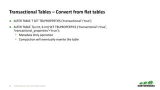 10 © Hortonworks Inc. 2011–2018. All rights reserved
Transactional Tables – Convert from flat tables
 ALTER TABLE T SET TBLPROPERTIES ('transactional'='true')
 ALTER TABLE T(a int, b int) SET TBLPROPERTIES ('transactional'='true’,
‘transactional_properties’=‘true’);
• Metadata Only operation
• Compaction will eventually rewrite the table
 