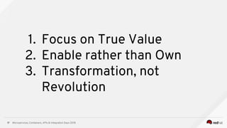Microservices, Containers, APIs & Integration Days 2018
1. Focus on True Value
2. Enable rather than Own
3. Transformation, not
Revolution
17
 