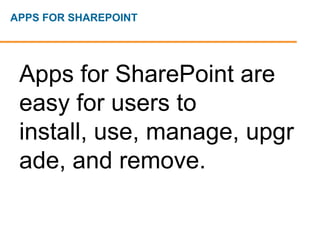 Page 9
Apps can be SharePoint-
hosted (reside and execute
in SharePoint) or cloud-
hosted (Windows Azure or
other systems), or both.
ADD-INS FOR SHAREPOINT
 