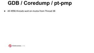 GDB / Coredump / pt-pmp
● All 4996 threads wait on mutex from Thread 38
 