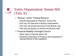 Entity Organization: Senate Bill  (Title X) “ Bureau” “within” Federal Reserve Director appointed by President, not by Fed Fed may not intervene in Bureau examinations  Fed may not prevent issuance of any Bureau rule Fed may not appoint or remove any Bureau staff Financial Stability Oversight Council Other roles in financial reform bill Chaired by Secretary of Treasury and composed of representatives of key regulators WilmerHale 