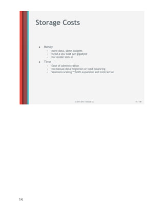 .
.
Storage Costs
• Money
- More data, same budgets
- Need a low cost per gigabyte
- No vendor lock-in
• Time
- Ease of administration
- No manual data migration or load balancing
- Seamless scaling ** both expansion and contraction
© 2011-2014 Inktank Inc. 15 / 148
.
14
 