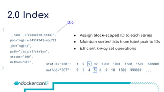 2.0 Index
{
__name__=”requests_total”,
pod=”nginx-34534242-abc723
job=”nginx”,
path=”/api/v1/status”,
status=”200”,
method=”GET”,
}
● Assign block-scoped ID to each series
● Maintain sorted lists from label pair to IDs
● Efficient k-way set operations
status=”200”: 1 2 5 99 1000 1001 1500 1502 500000
method=”GET”: 2 3 4 5 6 9 10 1502 999999 ...
ID: 5
 