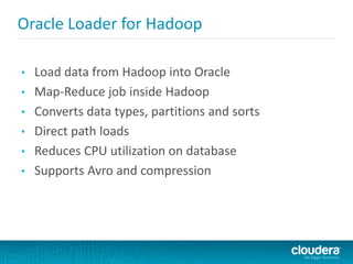 Oracle Loader for Hadoop 
• Load data from Hadoop into Oracle 
• Map-Reduce job inside Hadoop 
• Converts data types, partitions and sorts 
• Direct path loads 
• Reduces CPU utilization on database 
• Supports Avro and compression 
 