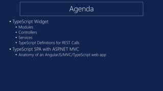 Agenda
• TypeScript Widget
• Modules
• Controllers
• Services
• TypeScript Definitions for REST Calls
• TypeScript SPA with ASP.NET MVC
• Anatomy of an AngularJS/MVC/TypeScript web app
 